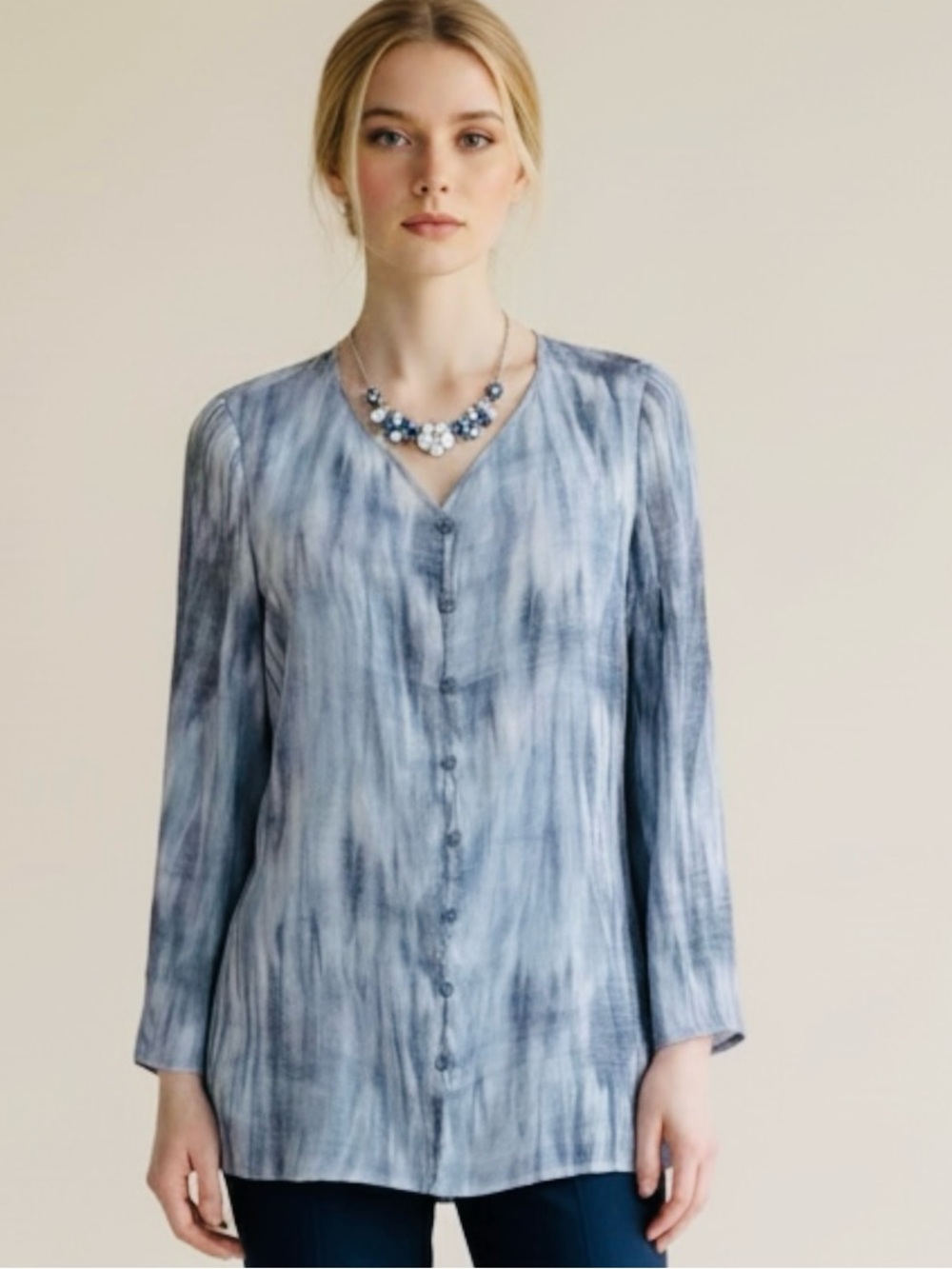 Zac & Rachel Blue White Tie Dye Watercolor Pattern Women’s Size 1X Tunic Blouse